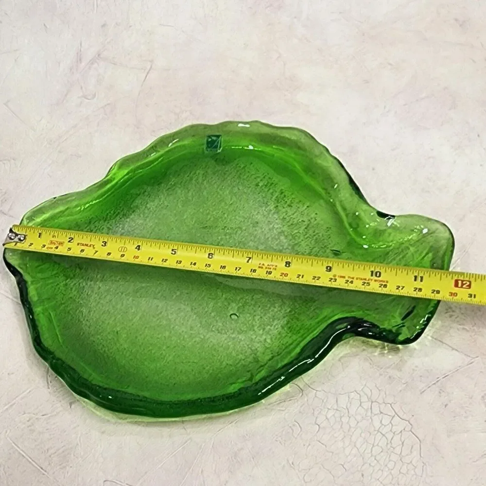 Vintage AMICI 11.5 Long Fish Shape Plate Dish Italian‎ Bubble Green Art Glass